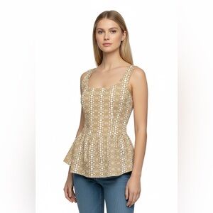 Hissa Mar Tan White Geometric Peplum Top Size M Sleeveless Scoop Neck